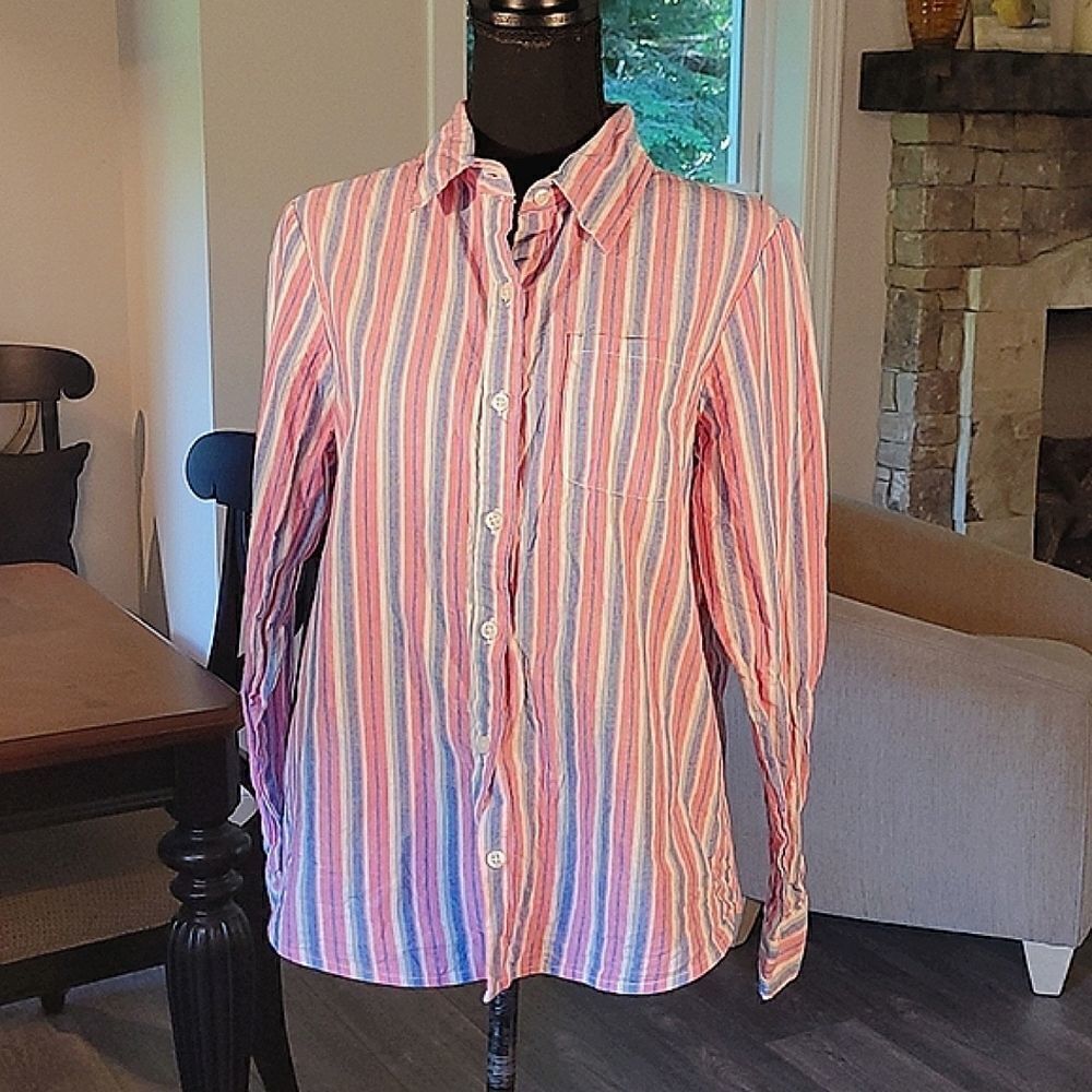 Blair 100% cotton, pink White blue green striped shirt sz  medium